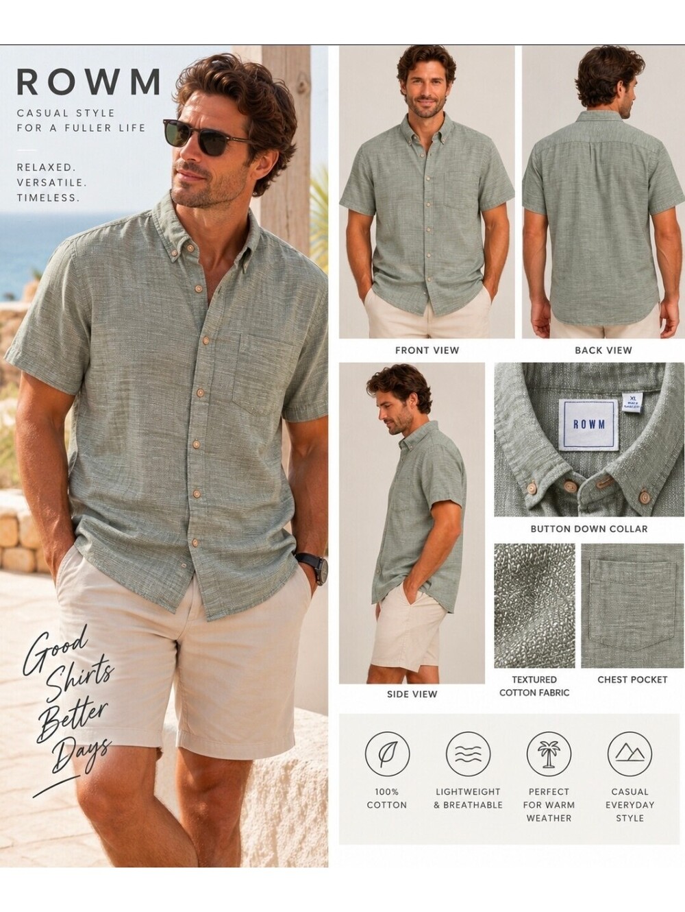 ROWM Men’s XL Sage Green Textured Cotton Short Sleeve Button Down Shirt